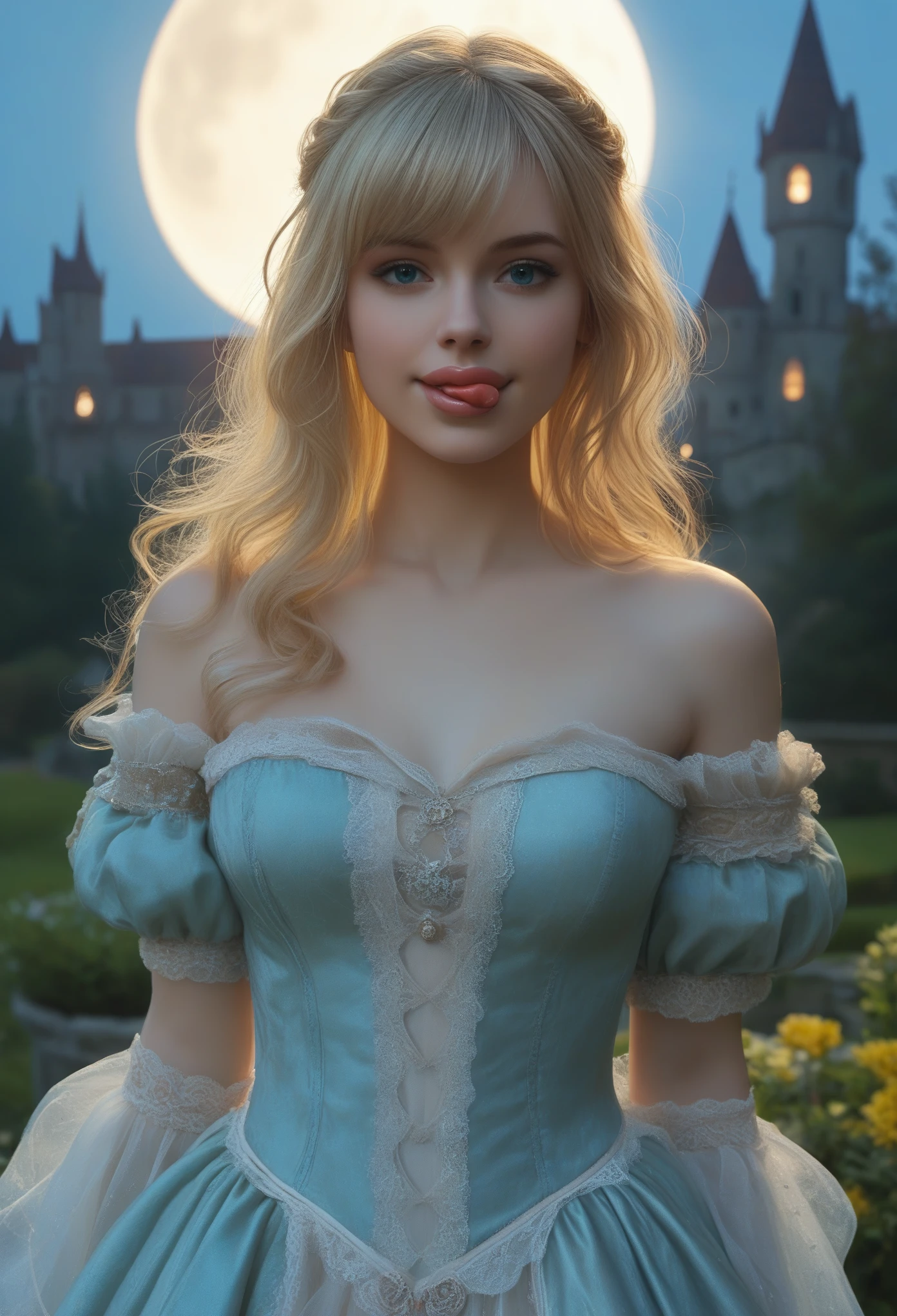 score_9, score_8_above, score_7_above, 1girl, realistic, blonde long hair with bangs, blue_eyes, realistic skin texture, detailed picture, upper_body, HD32k, royal_garden, medieval_castle, elegant_green_dress, off_shoulder_dress, moonlight, night, fullmoon, red_lips, (licking_lips:1.5)