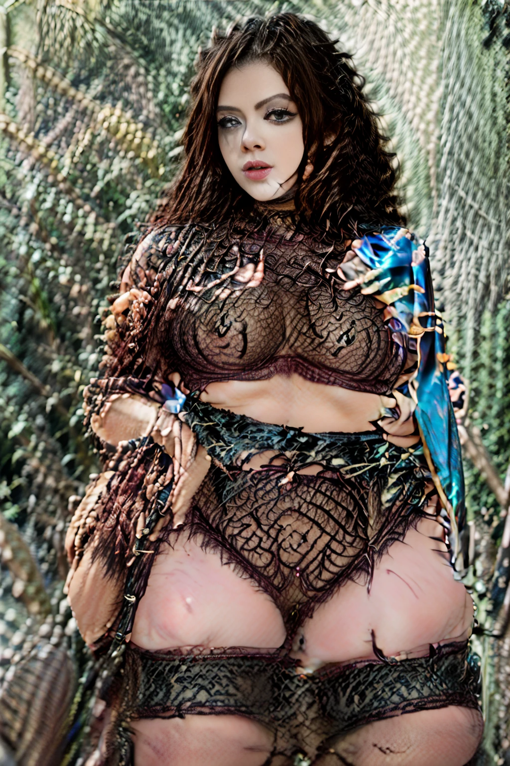 a sexy woman, Best Quality, voluptuous, big breasts, hanging breasts, perfect lighting, by rubio, Blue eyes, tanned body, earrings, navel piercing, dynamic angle, posing to milk, to milk, in the flower garden of a castle, realist, without underwear, Exposed navel, tattooed body, tattoos, lace garters, fishnet stockings,