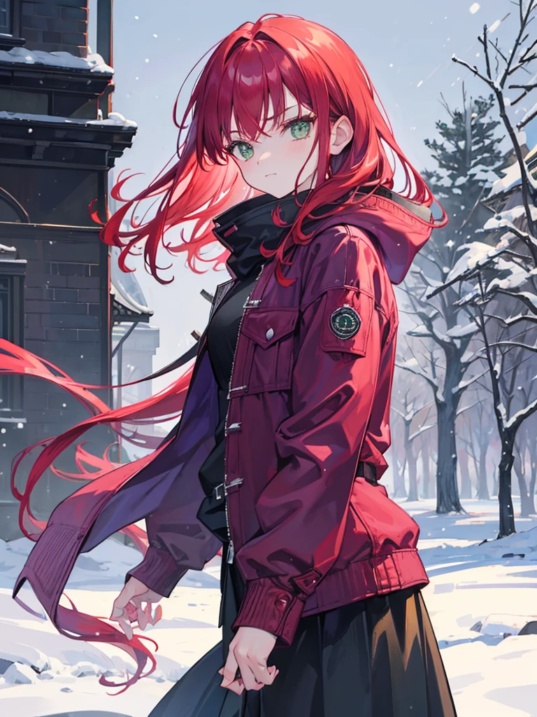 woman, green eyes, long curry wavy bobs red hair, bangs.  wear purple black jacket. background in snow field.  not smiling, indifferent. arrogant, thug, winter. snowfall