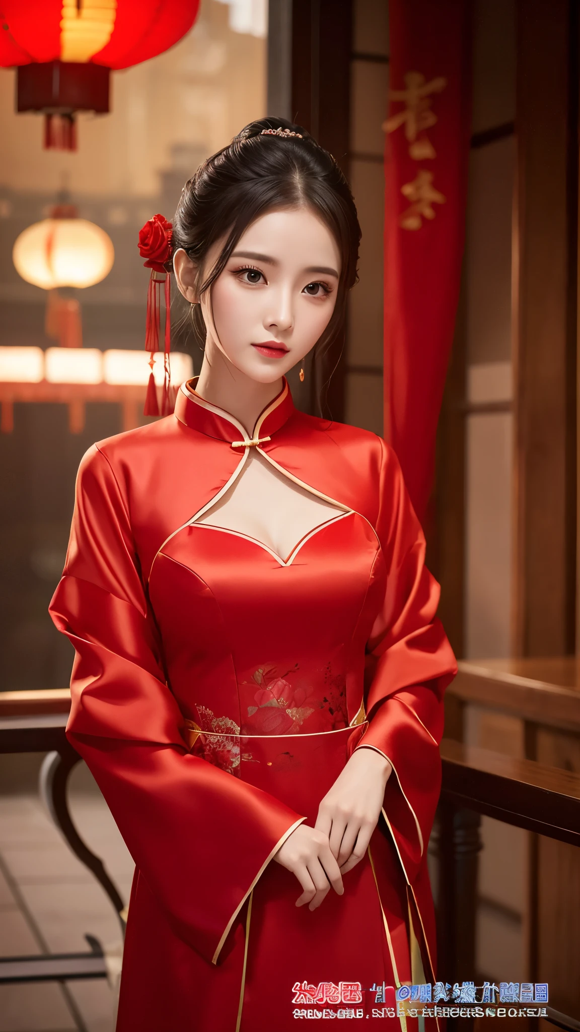 8K, Masterpiece Top quality, woman, male, (Gentle shape), Perfect Face, Hanfu Dress, sexy, attractive, Thin fabric Chinese dress, Tower, red lantern Tower,