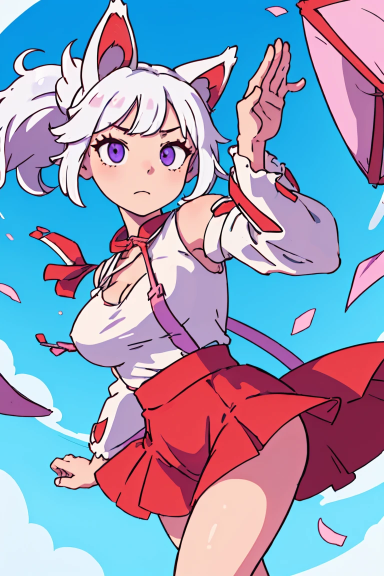 (best qualityer:0.8), perfect anime illustration, 1 girl, in front, gazing at viewer, NoelleHoliday, White hair, red short skirt, Red strappy sleeves, white blouse, purples eyes, big hair, medium breasts((she holding one of her breasts)), rabbit ear
