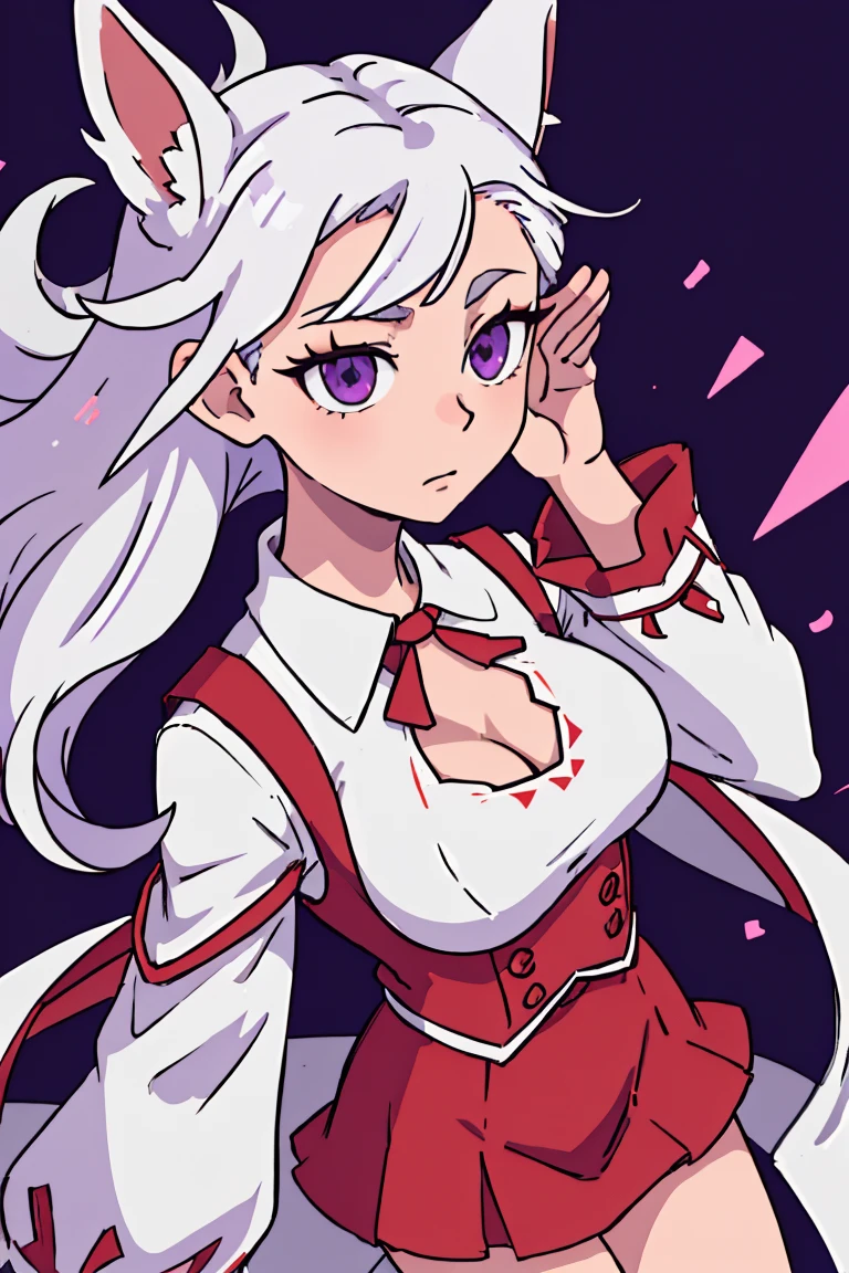 (best qualityer:0.8), perfect anime illustration, 1 girl, in front, gazing at viewer, NoelleHoliday, White hair, red short skirt, Red strappy sleeves, white blouse, purples eyes, big hair, medium breasts((she holding one of her breasts)), rabbit ear 