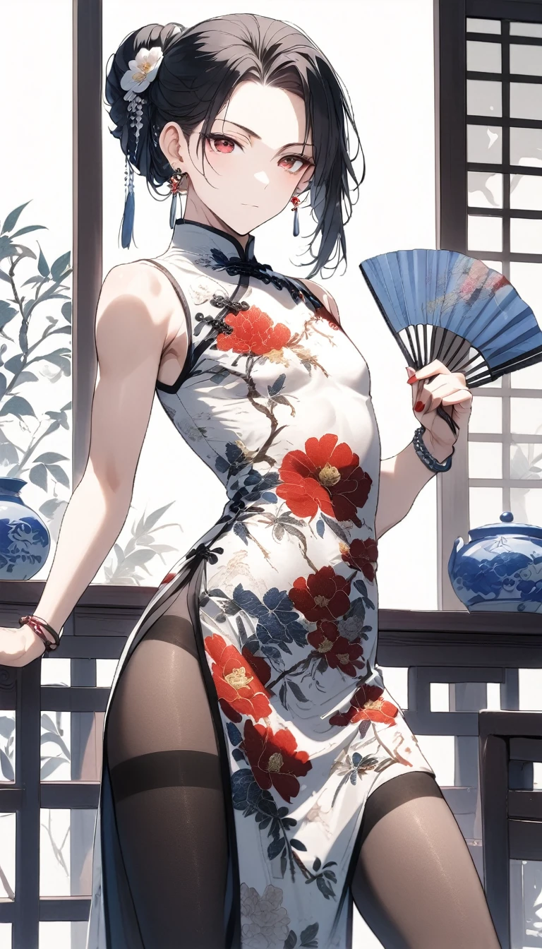 1man,(mature male),cool face,35 year old,red eyes,tsurime eyes,long eyelashes,flat_chest,seductive smile,Chinese-style clothing,Chinese dress,Chinese qipao,floral print print,standing,black hair,very long hair,long bangs,updo,jewelry,chinese clothes,print dress,sleeveless,hand fan,legs_apart,bulge,looking at viewer,indoor,(teahouse),earrings,red nails,holding,bracelet,solo,holding fan,hair ornament,