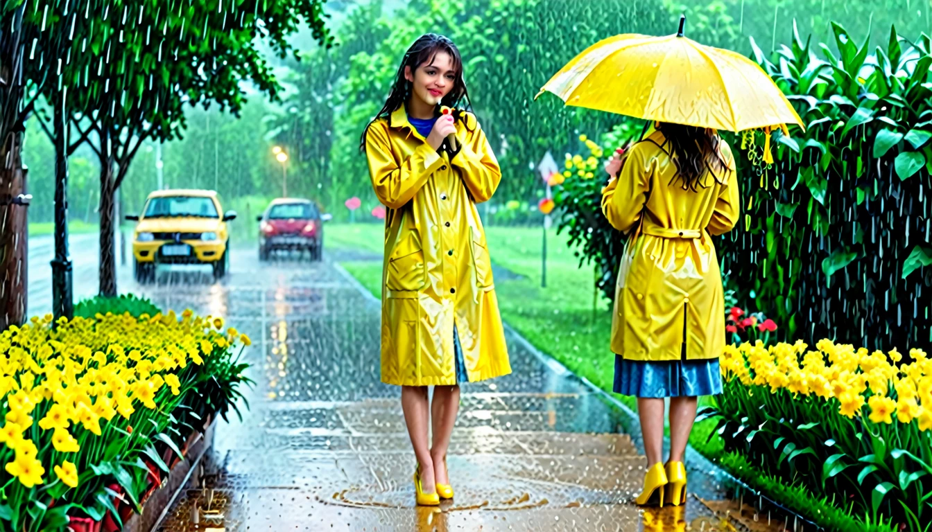 there is a woman in a yellow raincoat picking flowers, pretty girl standing in the rain, wash off in the rain, in the rain, rain!!!!, raining!!!, raining!, rainy wet, darling wash off in the rain, raining!!, girl in raincoat, raining outside, wet from rain, under rain, yellow raincoat, rainy; 90's photograph
