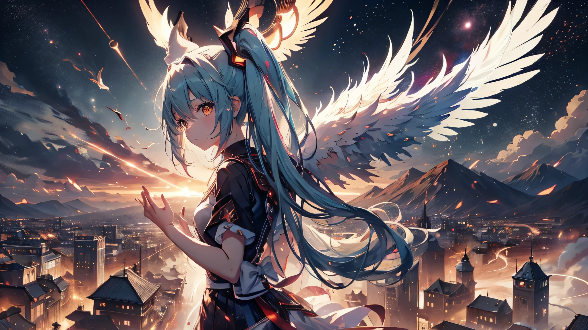 anime girl,tennage girl 18 years old, anime style, cute hatsune miku x white kitsune, shy girl , kitsune ears, dark natasha art, city landscape, art by vixen aztra, full body high definition in details the best image quality, add_detail:1 kitsune in hells add_detail:1, volando desde el cielo observa una ciudad, apunto de diaparar un rayo solar con su brazo izquierdo add_detail:1, plasma beam atack, 6 feather angel wings add_detail:1
