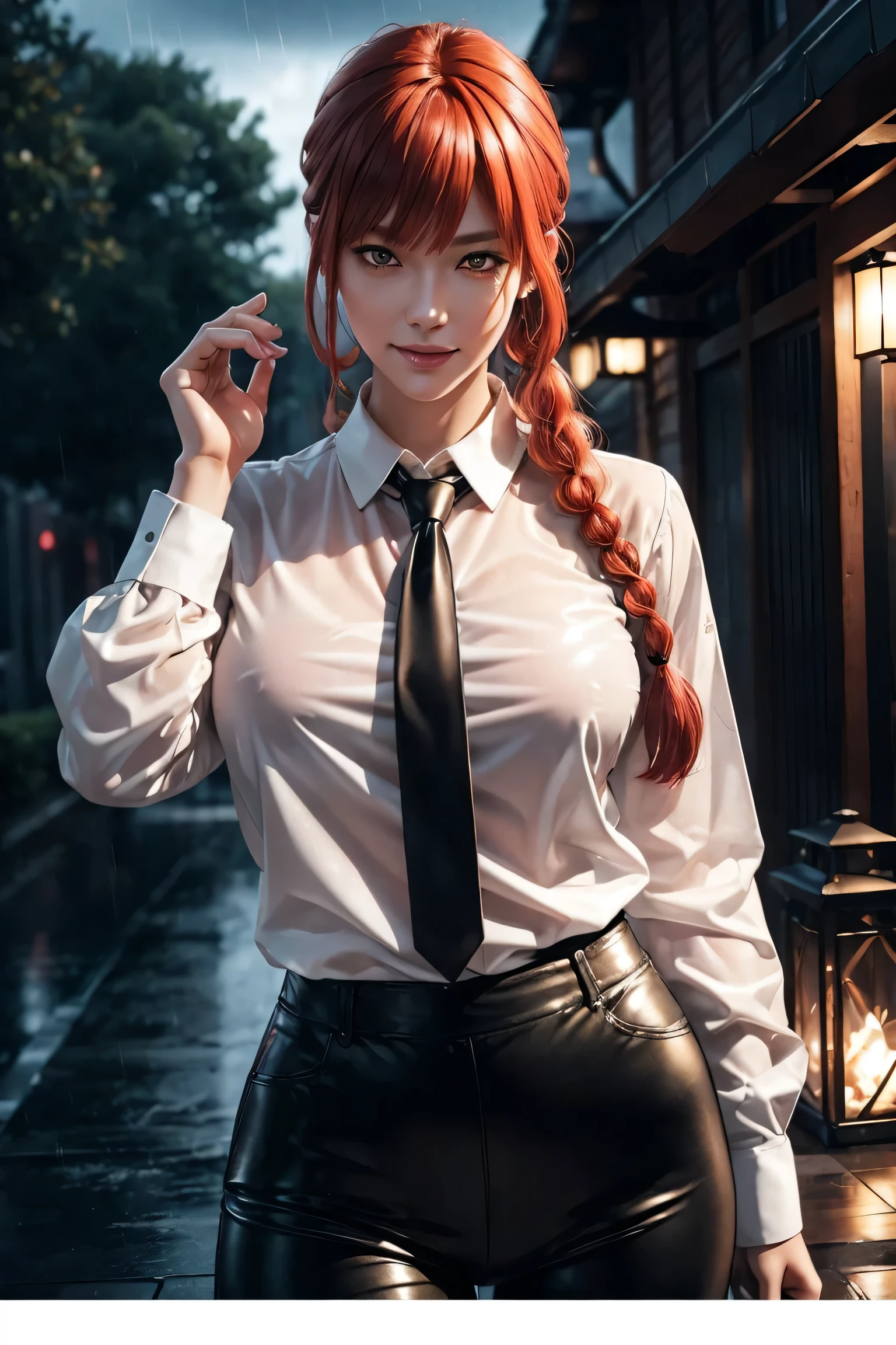 Chainsaw Man,Makima,With bangs,Red Hair,Braids at the back,Golden Eyes,White long sleeve shirt,Black tie,Black Leather Pants,Ultra HD,super high quality,masterpiece,Digital SLR,Photorealistic,Detailed details,Vivid details,Depicted in detail,A detailed face,Detailed details,Super Detail,Realistic skin texture,Anatomical basis,Perfect Anatomy,Anatomically correct hand,Anatomically correct fingers,Complex 3D rendering,y pose,Rainy Sky,Beautiful scenery,Fantastic rainy sky,Picturesque,Pink Lips,smile,