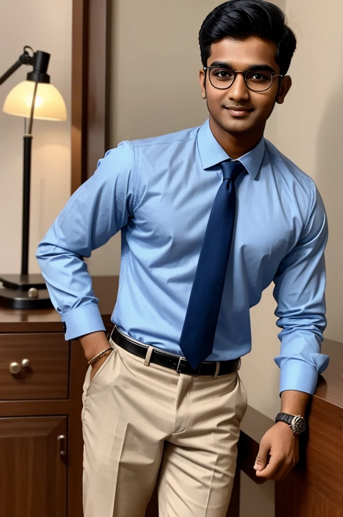 21 year old indian boy With fair skin Wearing spectacles and narrow body Posing for a linkedin picture in formals