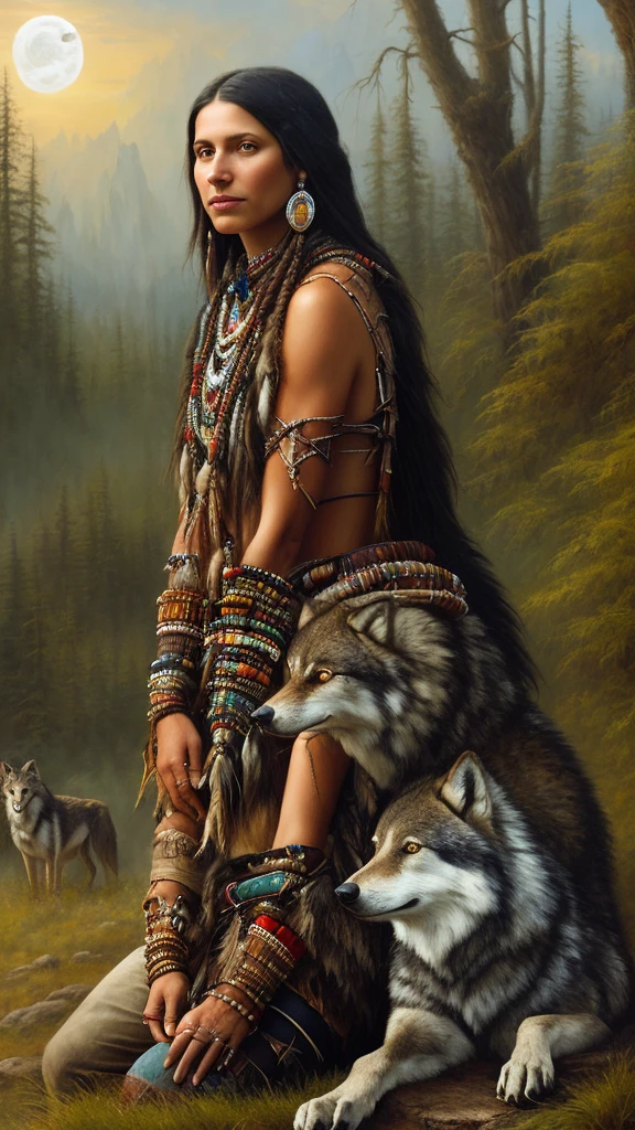 painting of a native woman sitting in front of a wolf, : native american shamen fantasy, wolfgirl, ( art fitzpatrick ), native american art, by Howard Lyon, by Cindy Wright, native american, wolves and their treasures, wolves, by Stan Stokes, 3 0, illustrative, stunning woman, by Eddie Mendoza