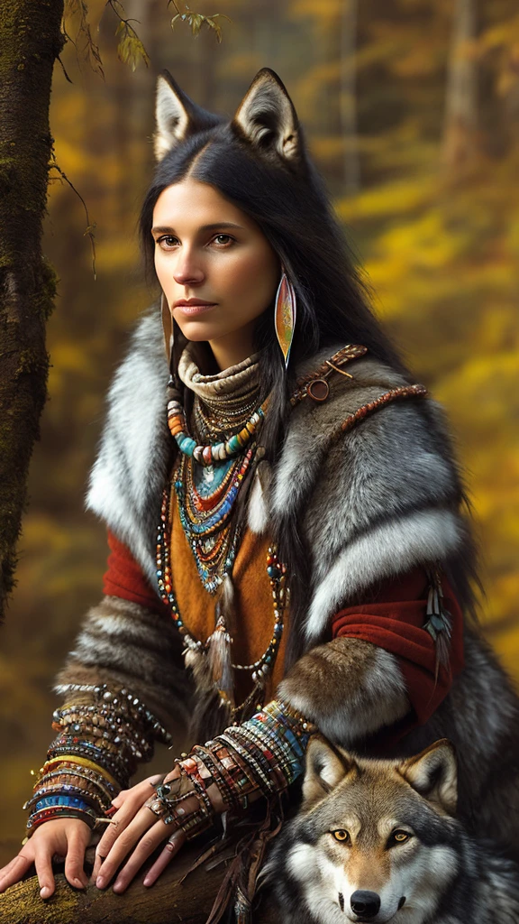 painting of a native woman sitting in front of a wolf, : native american shamen fantasy, wolfgirl, ( art fitzpatrick ), native american art, by Howard Lyon, by Cindy Wright, native american, wolves and their treasures, wolves, by Stan Stokes, 3 0, illustrative, stunning woman, by Eddie Mendoza