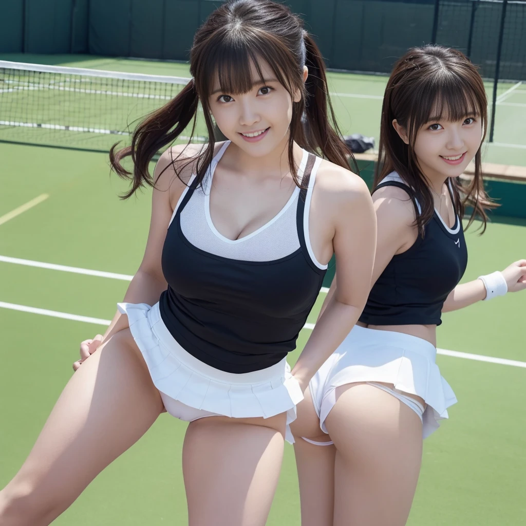 (Tennis Wear、Micro Mini Skirt、Sleeveless、Ass、Black Hair、Big Ass、Outdoor tennis court、White high leg panties、thong)、Extremely sexy、smile、Professional Lighting、Small waist、Beautiful adult woman、Captivating thighs、Very large breasts、Cleavage、Are standing