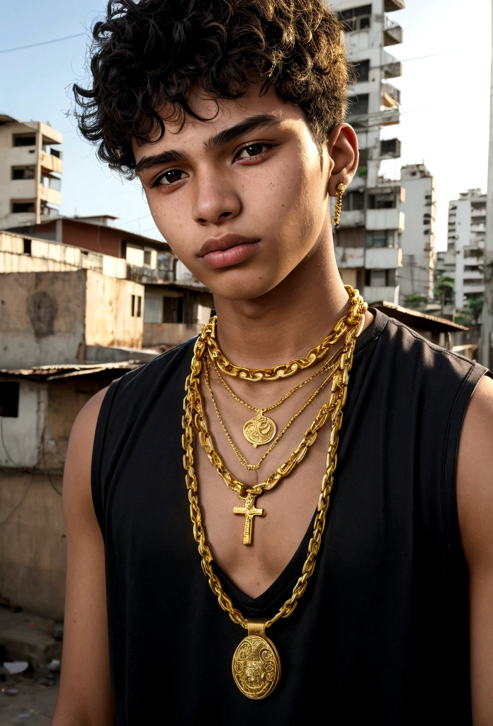 20-year-old boy in Paulista style with gold chain around his neck, favela landscape