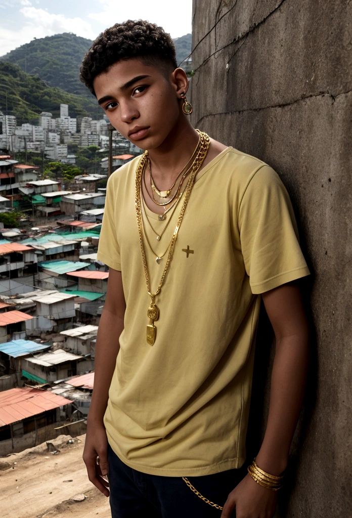 20-year-old boy in Paulista style with gold chain around his neck, favela landscape