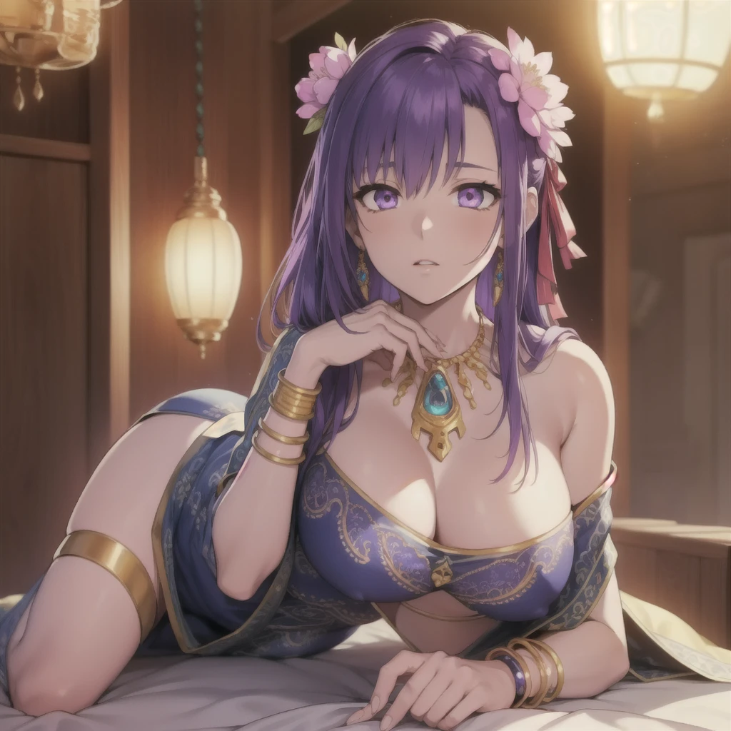 parvati, parvati, long hair, (purple eyes: 1.1), purple hair, , huge chest, hands on chest, BREAK bracelet, flower, hair flower, hair ornament, Indian clothing, jewelry, necklace, side slit , BREAK looking at the viewer, (masterpiece: 1.2), best quality, high resolution, Unity 8k wallpaper, (artwork: 0.8), (detailed beautiful eyes: 1.6), extremely detailed face, perfect lighting, Extremely detailed CG, (perfect hands, perfect anatomy),