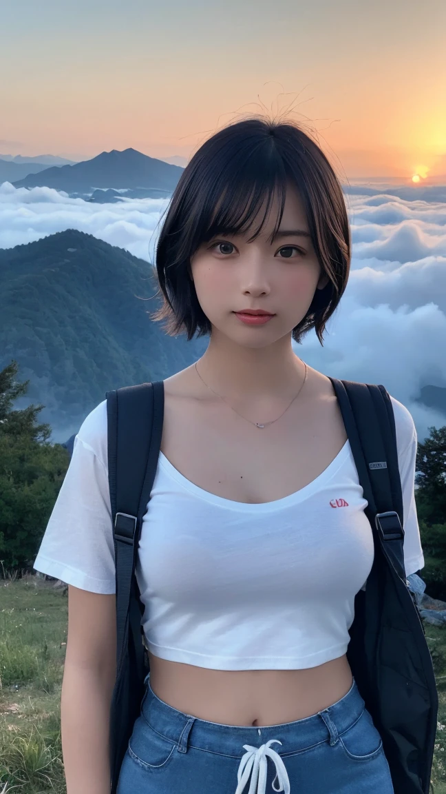 Highest quality, masterpiece, Ultra-high resolution, (Realistic:1.3), RAW Photos, (Nature landscape photography), (Majestic Mountain々The summit of the, sea of clouds), (とても大きな山The summit of the), (sunset), (One Girl), (Upper Body), (20-year-old), (smile:0.9), (Shiny skin), (short hair, Dark brown hair), (White T-shirt), (Tight casual shorts), (Carry a large backpack on your back), (Ultra detailed face), (Nipple erection), (Highly detailed eyes), (Highly detailed nose), (Highly detailed mouth), (Very skilled hands), (Super-detailed body), Sony a7, 85mm lens, f9.0, Pan Focus
、Luxury Panties、