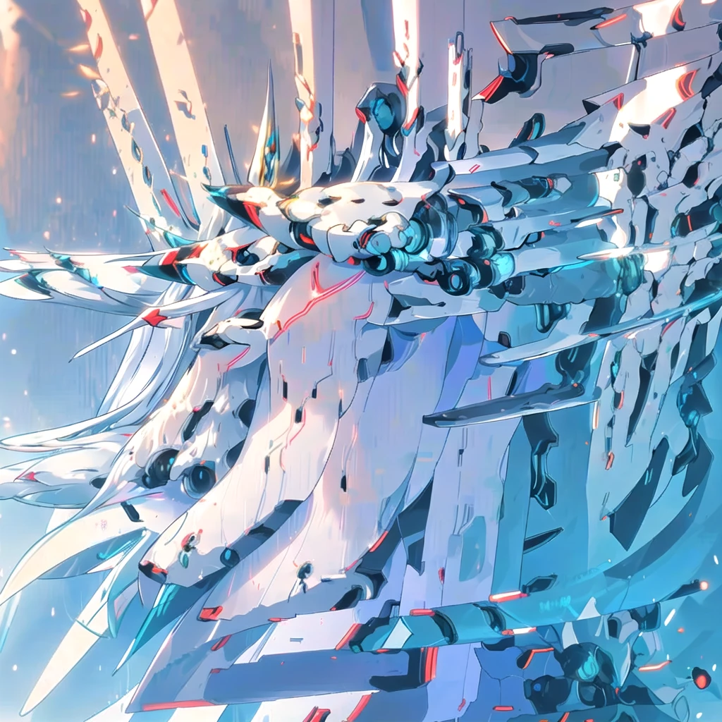 masterpiece, highest quality, highest resolution, clear_image, detailed details, White hair, long hair, cat ears, 1 girl, red eyes, white pantyhose, sci-fi military clothing, white scarf (white scarf around the neckwith a light blue glow), gray futuristic halo (gray halo over the head), white wings (4 wings), cute, fulld body, no water marks, outer space