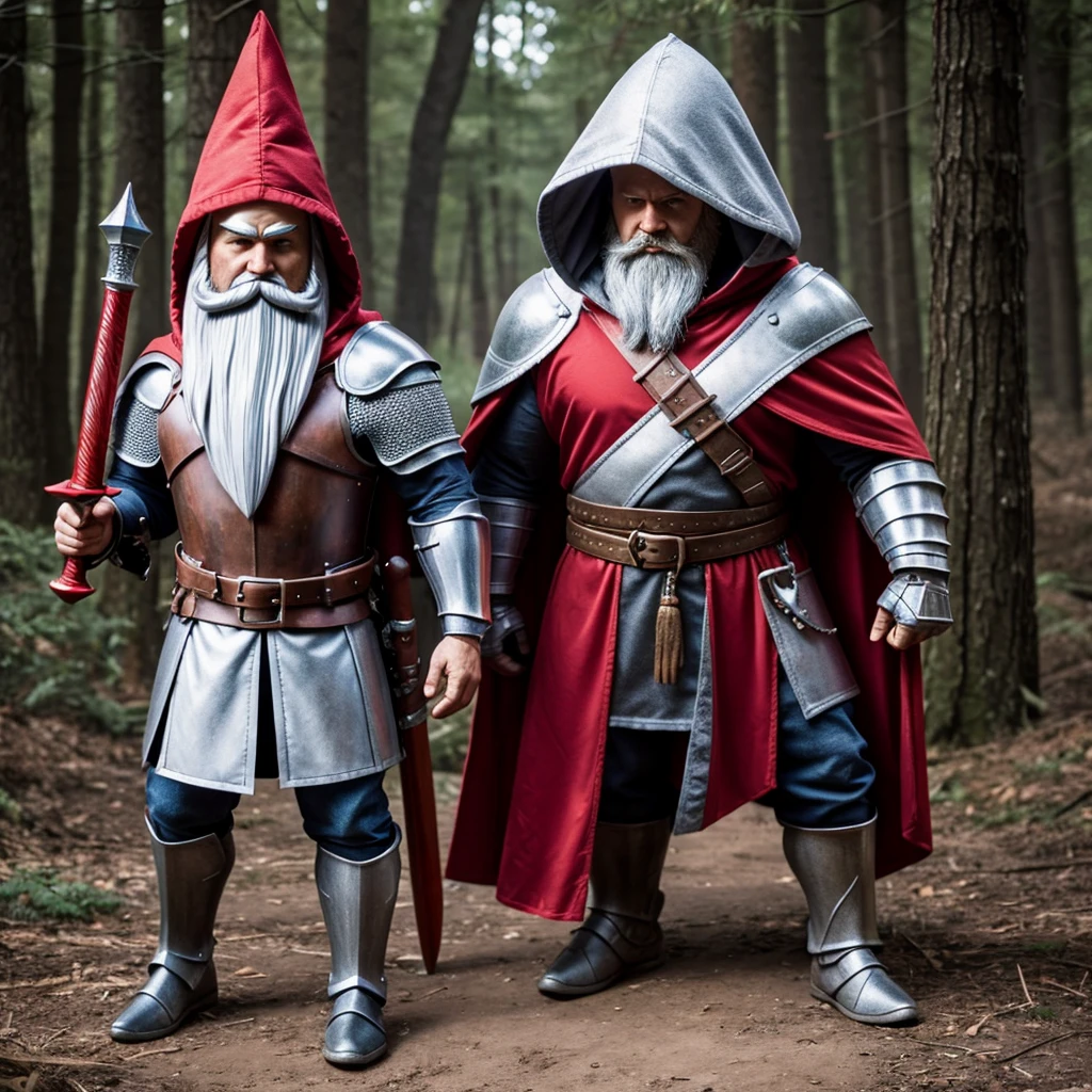 A knight with a red gnome looking hood with a excutioner sword and a long greyish white beard