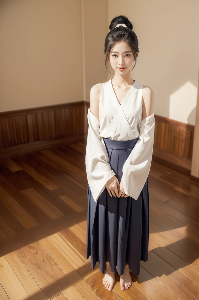 (((best quality))),(((ultra detailed))),(((masterpiece))),illustration,1girl,solo,short ponytail,slim,thin,small breasts,flat chest,white collar,white kendogi,three-quarter sleeves,maxi navy-blue kendo hakama,slender legs,standing in kendo gym,arms behind back,focused and determined expression,ready for challenge,slender and elegant face,confident and resilient,fair skin,blush,neat teeth,bright smile,clean and tidy uniform,wooden gym floor,wall,pine scent,standard grip,ready to slice through obstacles,strong belief,determination,spirit of resilience,admiring,from front,full body,bare feet
