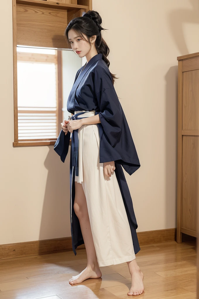 (((best quality))),(((ultra detailed))),(((masterpiece))),illustration,1girl,solo,short ponytail,slim,thin,small breasts,flat chest,white collar,white kendogi,three-quarter sleeves,maxi navy-blue kendo hakama,slender legs,standing in kendo gym,arms behind back,focused and determined expression,ready for challenge,slender and elegant face,confident and resilient,fair skin,blush,neat teeth,bright smile,clean and tidy uniform,wooden gym floor,wall,pine scent,standard grip,ready to slice through obstacles,strong belief,determination,spirit of resilience,admiring,from front,full body,bare feet