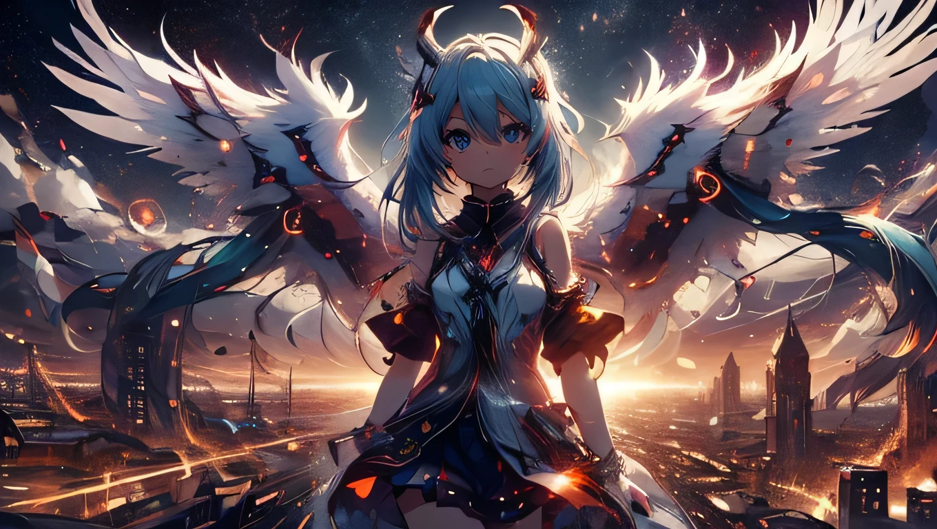 anime girl,tennage girl 18 years old, anime style, cute hatsune miku x white kitsune, shy girl , kitsune ears, dark natasha art, city landscape, art by vixen aztra, full body high definition in details the best image quality, add_detail:1 kitsune in hells add_detail:1, volando desde el cielo observa una ciudad, apunto de diaparar un rayo solar con su brazo izquierdo add_detail:1, plasma beam atack, 6 feather angel wings add_detail:1