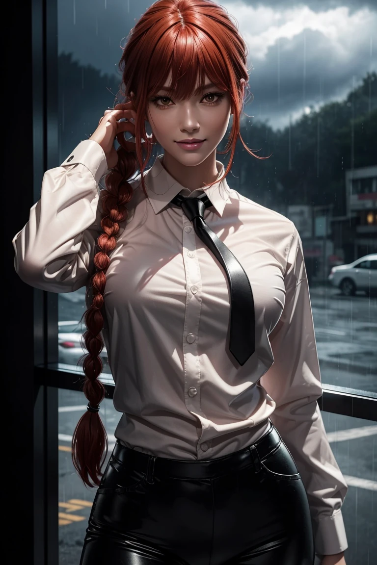 Chainsaw Man,Makima,With bangs,Red Hair,Braids at the back,Golden Eyes,White long sleeve shirt,Black tie,Black Leather Pants,Ultra HD,super high quality,masterpiece,Digital SLR,Photorealistic,Detailed details,Vivid details,Depicted in detail,A detailed face,Detailed details,Super Detail,Realistic skin texture,Anatomical basis,Perfect Anatomy,Anatomically correct hand,Anatomically correct fingers,Complex 3D rendering,Sexy pose,Rainy Sky,Beautiful scenery,Fantastic rainy sky,Picturesque,Pink Lips,smile,