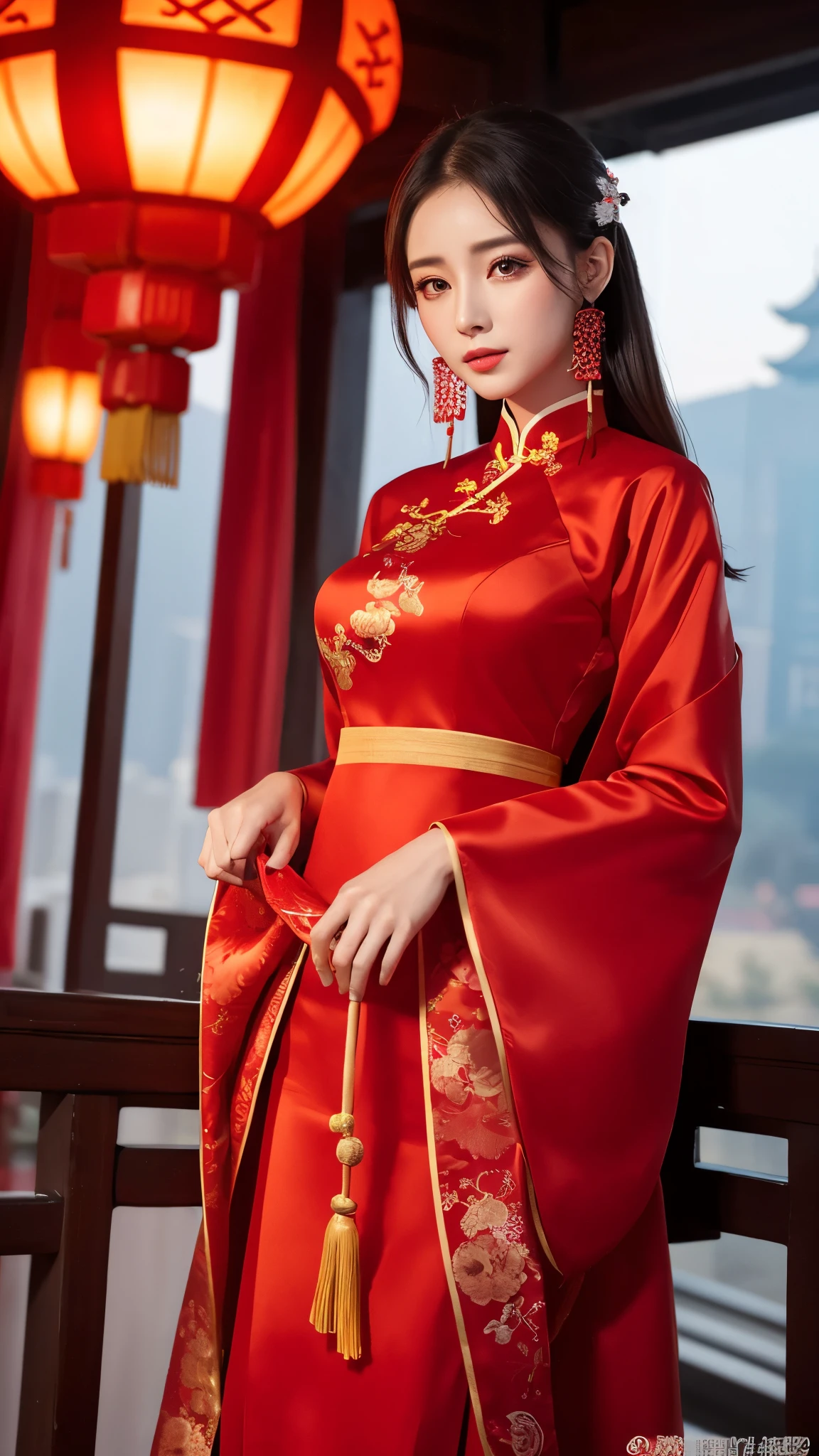8K, Masterpiece Top quality, woman, male, (Gentle shape), Perfect Face, Hanfu Dress, sexy, attractive, Thin fabric Chinese dress, Tower, red lantern Tower,