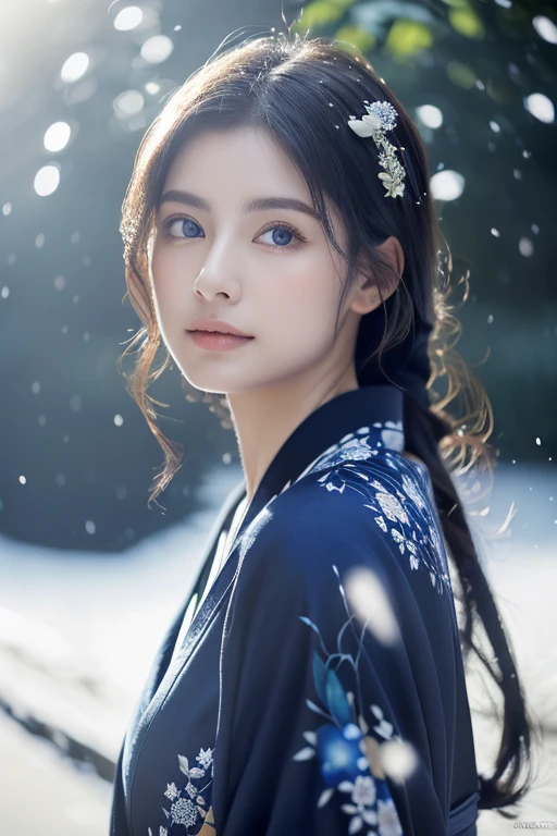 (blue kimono)、(Light makeup)、(top-quality,masterpiece:1.3,超A high resolution,),(Ultra-detail,Caustics),(Photorealsitic:1.4,RAW shooting,)Ultra-realistic capture,(32k,high detal,high-detail、masterpiece,Attention to detail,full body Esbian,solo,Lori:1.6),Raw photo & realistic atmosphere,beautiful dark blue eyes,Detailed mouth,Glossy lips,Detailed eyebrows,Eyes drawn in detail with soft white skin that shines with every detail)、、 (Skin texture is natural、、The skin looks healthy with an even tone、 Use natural light and color,One Woman,japanese,,kawaii,A darK-haired,long hair,(depth of fields、chromatic abberation、、Wide range of lighting、Natural Shading、)、、(Exterior light at night:1.4), park background, hydrangeas field(Hair swaying in the wind:1)、(Snow reflects light:1.3), looking up