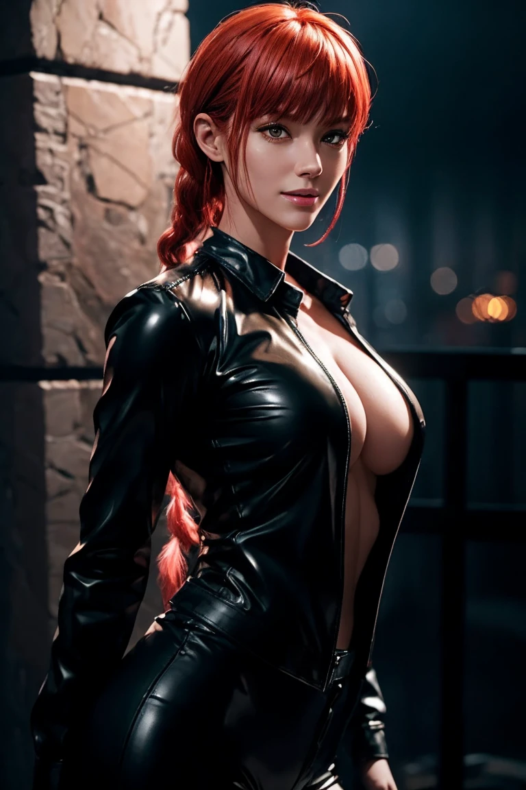 Chainsaw Man,Makima,With bangs,Red Hair,Braids at the back,Golden Eyes,White long sleeve shirt,Black tie,Black Leather Pants,Ultra HD,super high quality,masterpiece,Digital SLR,Photorealistic,Detailed details,Vivid details,Depicted in detail,A detailed face,Detailed details,Super Detail,Realistic skin texture,Anatomical basis,Perfect Anatomy,Anatomically correct hand,Anatomically correct fingers,Complex 3D rendering,Sexy pose,Rainy Sky,Beautiful scenery,Fantastic rainy sky,Picturesque,Pink Lips,smile,