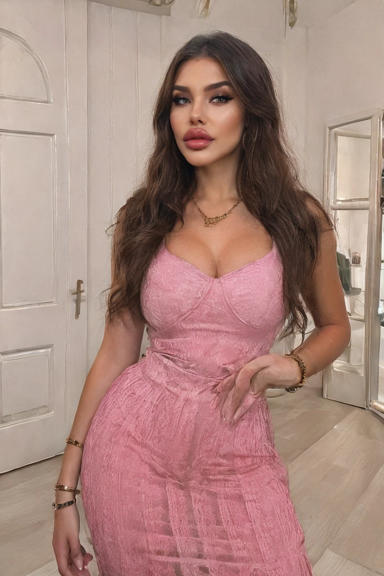(Madison Beer), perfect female face by ai close up portrait, masterpiece, UHD, beautiful cinematic lighting, best quality, b1mb0, thick lips, huge lips, high prominent cheekbones, detailed face, realistic face, beautiful detailed eyes, high contrast, heavy pink blush, skindentation, realistic, sexy positive canthal tilt eyes, close up, gigantic breasts,