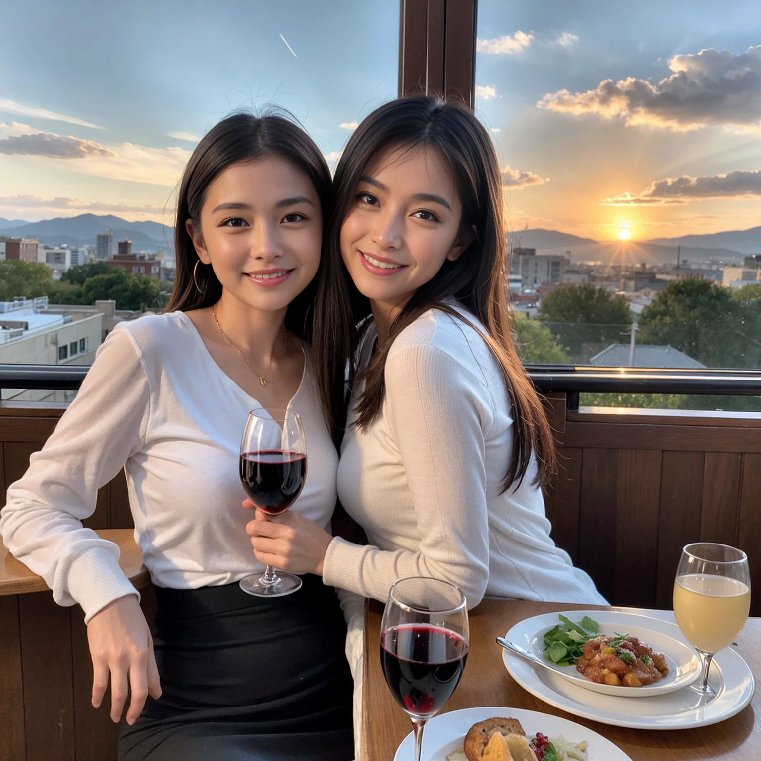 ((Highest quality、8K、masterpiece:1.3))、1 male、1 female、spouse、Beautiful couple、Japanese couple、smile、 (Slim face), (the body is スリム), (Brown Hair), (Shortcuts), ((Bob Hale、Straight hair:1.2)), テーブルの上のwine glass、Please shine a light on my face、 Amazing view of the sunset sky and clouds、Amazing mountain views、smileの美しさ、Bright image、Blushing, Shortcuts,Bright Face、 years old), 39 years old, red wine 、Appetizers、Italian food、Wine bottle、Champagne、sparkling wine、Long sleeve shirt、dress、Attractive beauty、restaurant, Nova Frog Style, actress, model, Upper Body, White wine, red wine, wine glass, 