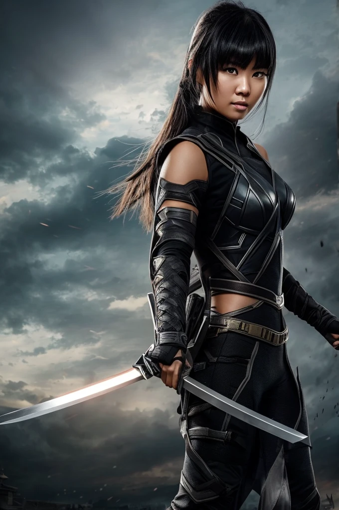 superhero, modern super hero costume, ninja, with a katana, Beautiful Chinese woman, Chinese woman with bangs, courageous character, Kind, Brave, on the battlefield