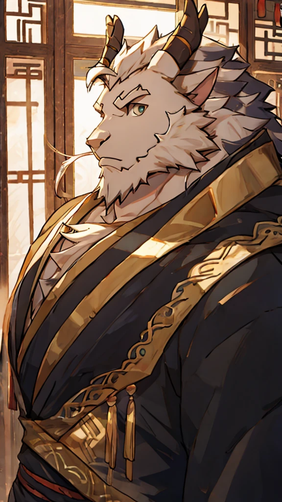 (white eastern dragon),furry,white mustache,big pecs,hearty males,muscular,black imperial robe,?????,adult,traditional_chinese_room,head portrait