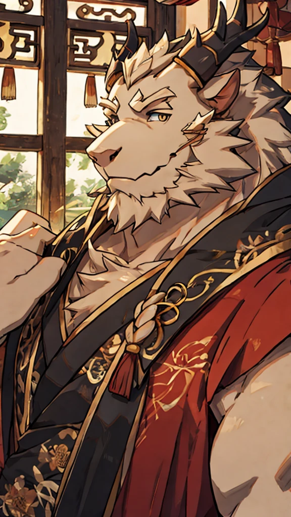 (white eastern dragon),furry,white mustache,big pecs,hearty males,muscular,black imperial robe,naked,adult,traditional_chinese_room,head portrait