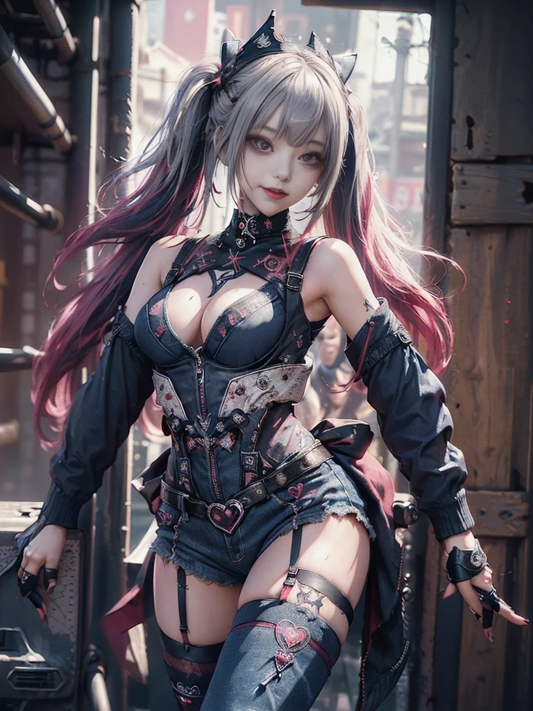 (Full Body View:1.2)、(Smiling with teeth showing:1.3),(Shibuya Gal:1.5)、(Beautiful:1.4)、(Neo-Goth Fashion:1.5)、(Punk RockVisual Kei:1.3)、(Futuristic red, magenta, denim and navy blue ????????:1.5)、(Delicate red and magenta cardigan:1.5)、(Gorgeous decorated corset:1.4)、(Navy garter belt:1.5)、(Red and magenta cargo pants:1.3)、(Heart-shaped silver accessories:1.5)、(Brown Skin Belt:1.4)、(Red high heels:1.4)、(Lace ?????????:1.4)、20-year-old、Browsing Caution,((Highest quality、In 8K、masterpiece:1.3))、Sharp focus:1.2、(Layered Cut、????????????:1.1),Beautiful woman with perfect figure:1.4、(Dance vigorously:1.3)、Slim Abs:1.2、????、Highly detailed face and skin texture、Fine grain、double eyelid,(Twin tails:1.3)、(cream hair:1.3)、???????、Idol Sculpture、(In the background is a gorgeous medieval metropolis on a sunny day:1.3)、(Slimming your legs:1.4)、(The body is slim:1.3)、(clavicle:1.1)