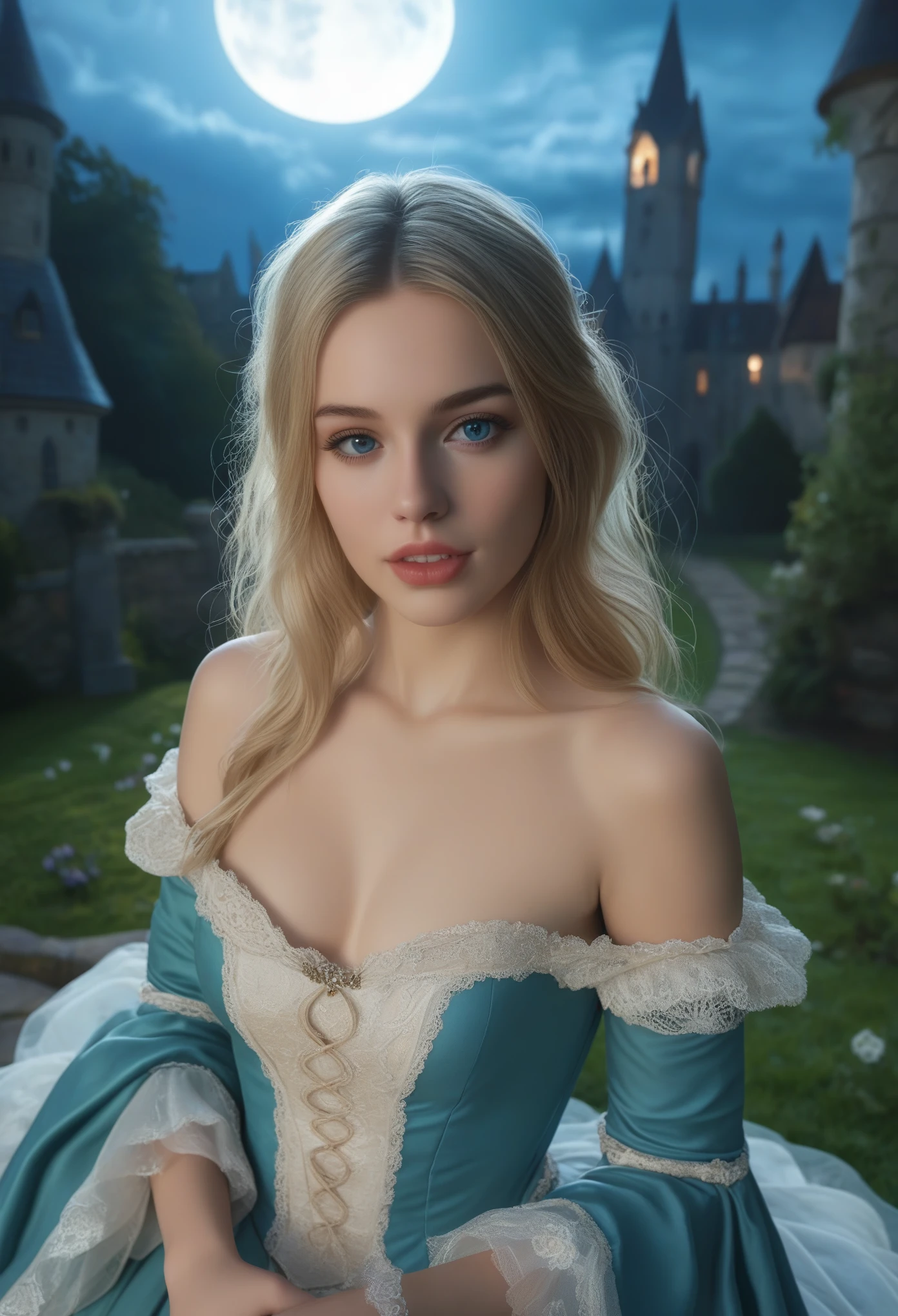 score_9, score_8_above, score_7_above, 1girl, realistic, blonde long hair with bangs, blue_eyes, realistic skin texture, detailed picture, upper_body, HD32k, royal_garden, medieval_castle, elegant_green_dress, off_shoulder_dress, moonlight, night, fullmoon, red_lips, parted_lips, fangs
