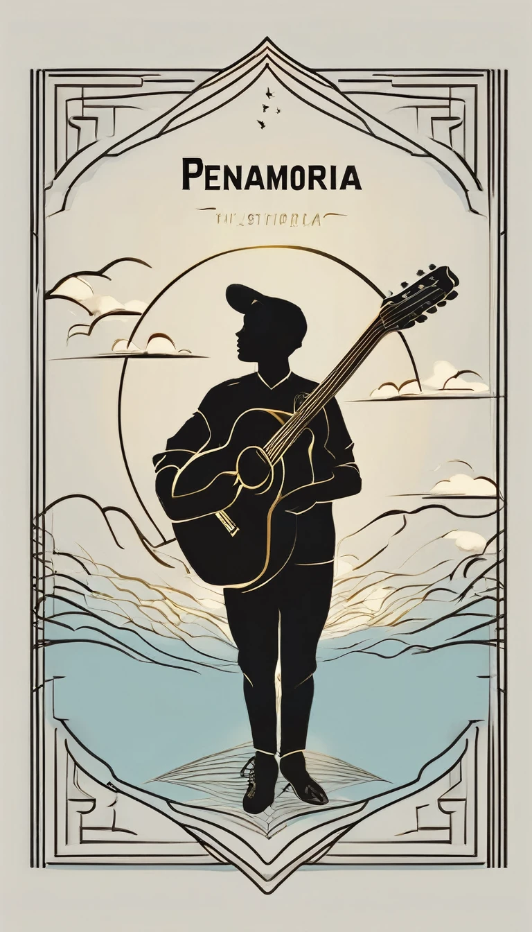 A minimal, modern, simple, cinematic logo design for the brand “Penamemoria". The logo design must be a simple, silhouette of a boy, standing up, playing acoustic guitar and fantasy feather by his side. The logo must convey a sense of music, stories, memories and dreams. Logo design impressed on a book cover. Minimalistic logo. Sky blue, white and golden as colors for the logo design