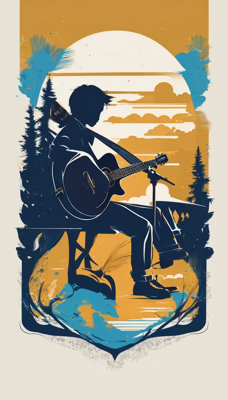 A minimal, modern, simple, cinematic logo design for the brand “Penamemoria". The logo design must be a simple, silhouette of a boy, standing up, playing acoustic guitar and fantasy feather by his side. The logo must convey a sense of music, stories, memories and dreams. Logo design impressed on a book cover. Minimalistic logo. Sky blue, white and golden as colors for the logo design