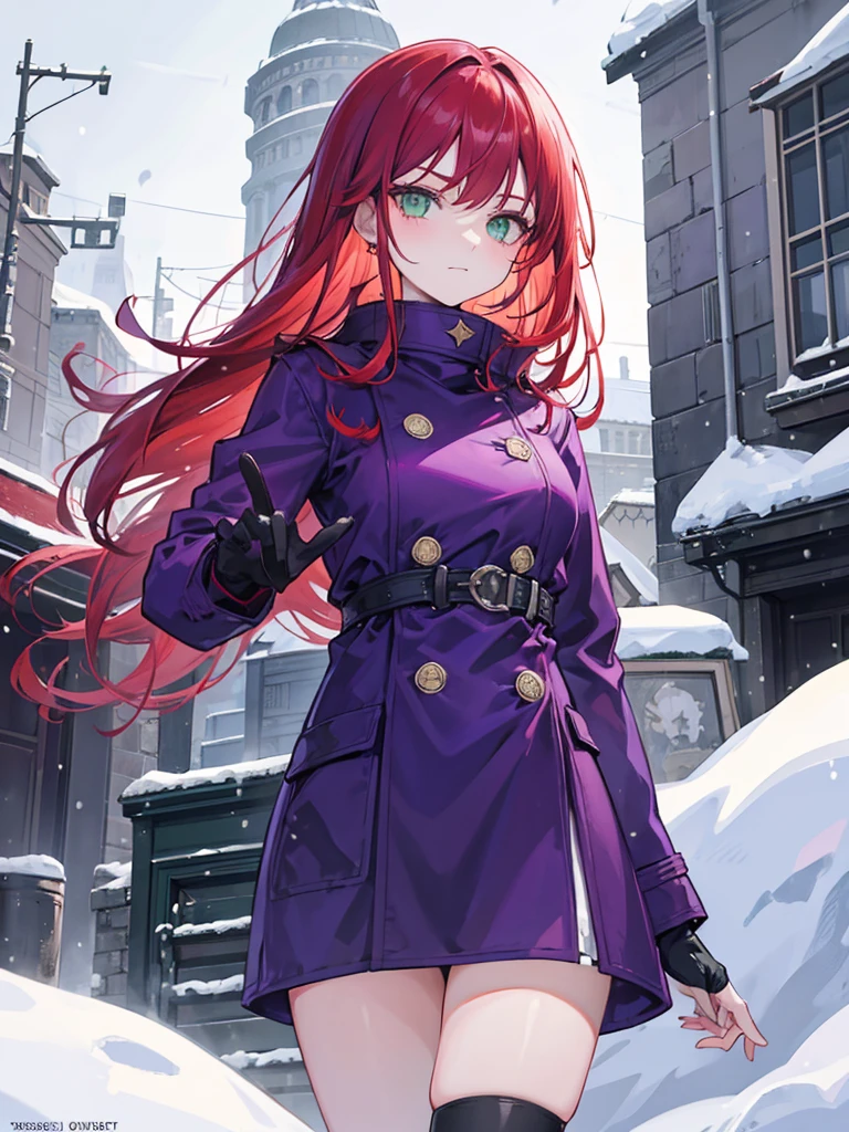 woman, green eyes, long curry wavy bobs red hair, bangs. wear purple black jacket. background in snow field florest. not smiling, indifferent. arrogant, thug, winter. snowfall