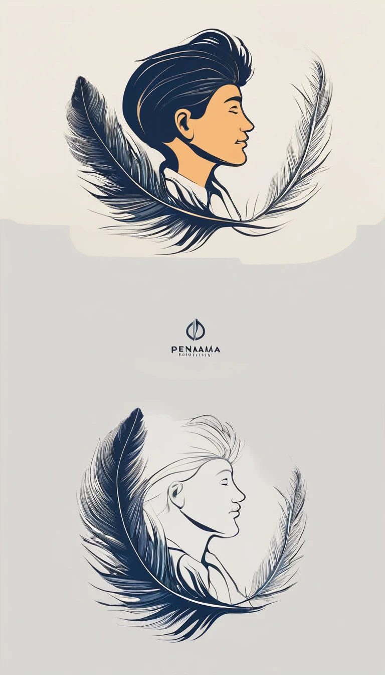 Create a minimal, modern, simple, inspirational, memorable, dream like logo design of a boy and a feather for the brand “Penamemoria".