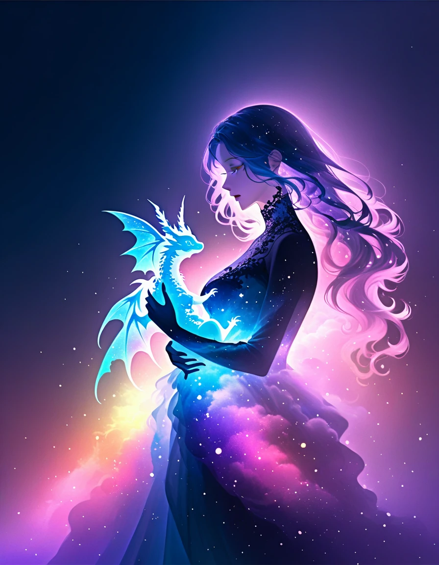 A silhouette artwork featuring a mystical woman in a flowing gown, standing in profile. The silhouette of a baby rainbow dragon is seamlessly blended into her hair, which flows into an intricate background of a celestial night sky. The scene is set against a backdrop filled with stars and a luminous full moon, casting a magical glow. The double exposure effect merges the woman's profile with the colorful form of the baby dragon, creating an ethereal, otherworldly composition. The colors are a blend of deep blues and purples, with vibrant rainbow hues adding contrast and mystical charm.