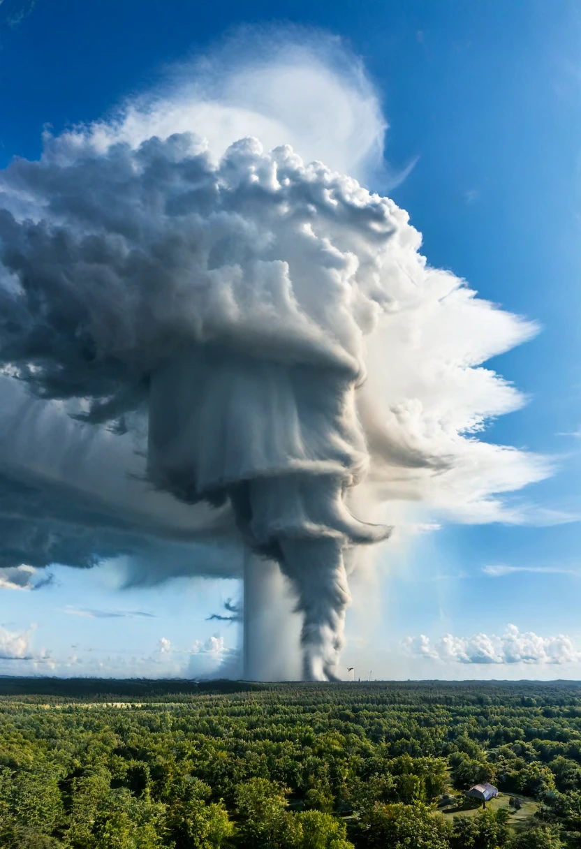 A huge tornado appears in the blue sky、Overwhelm the surrounding clouds。This natural phenomenon is、With its power and beauty,々surprise。but、Behind that beauty、Destructive power lurks。This image is、It symbolizes the power of nature and the fragility of humans.。