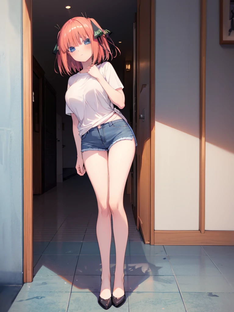 (8K, Highest quality, Highest quality, masterpiece), standing, aayotsuba1 in the background, (denim hot micro shorts), big breasts, (fullbody), nn1, 1girl, hair ribbon, ((long hair)), anime girl