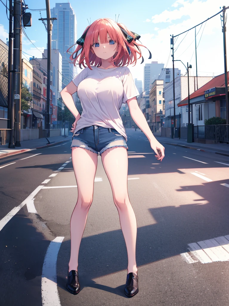 (8K, Highest quality, Highest quality, masterpiece), standing, aayotsuba1 in the background, (denim hot micro shorts), big breasts, (fullbody), nn1, 1girl, hair ribbon, ((long hair)), anime girl