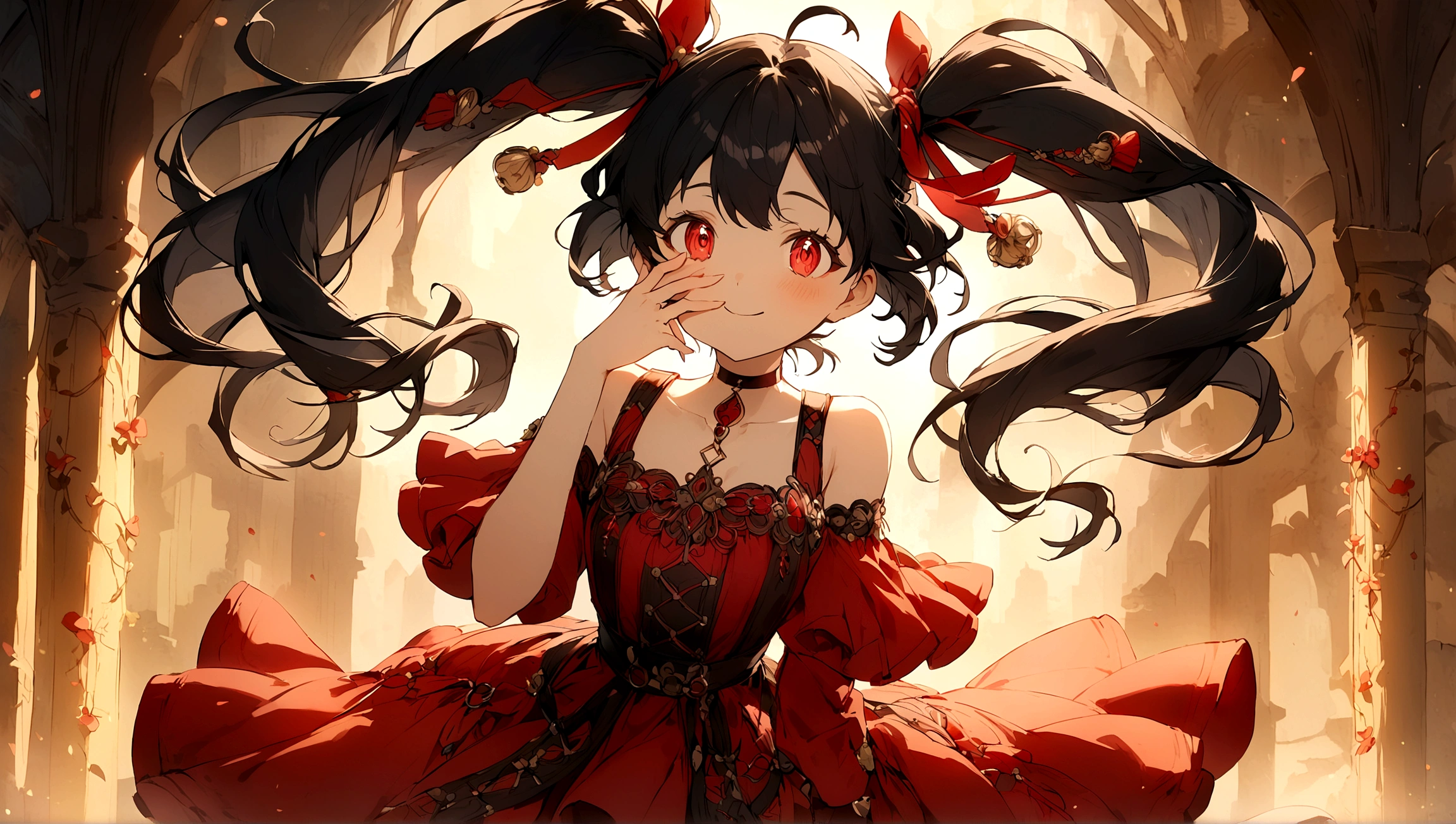 an anime-style character with distinct features. The character has long, black hair tied into twin tails with large red ribbons on each side. The eyes are bright red and highly detailed, adding a captivating effect to the character's expression. She is smiling widely, with one hand covering part of her face, giving a playful and somewhat mischievous appearance. The outfit includes various accessories, such as red rings and a choker, along with decorative elements on the clothing that contribute to an overall intricate and visually striking design.