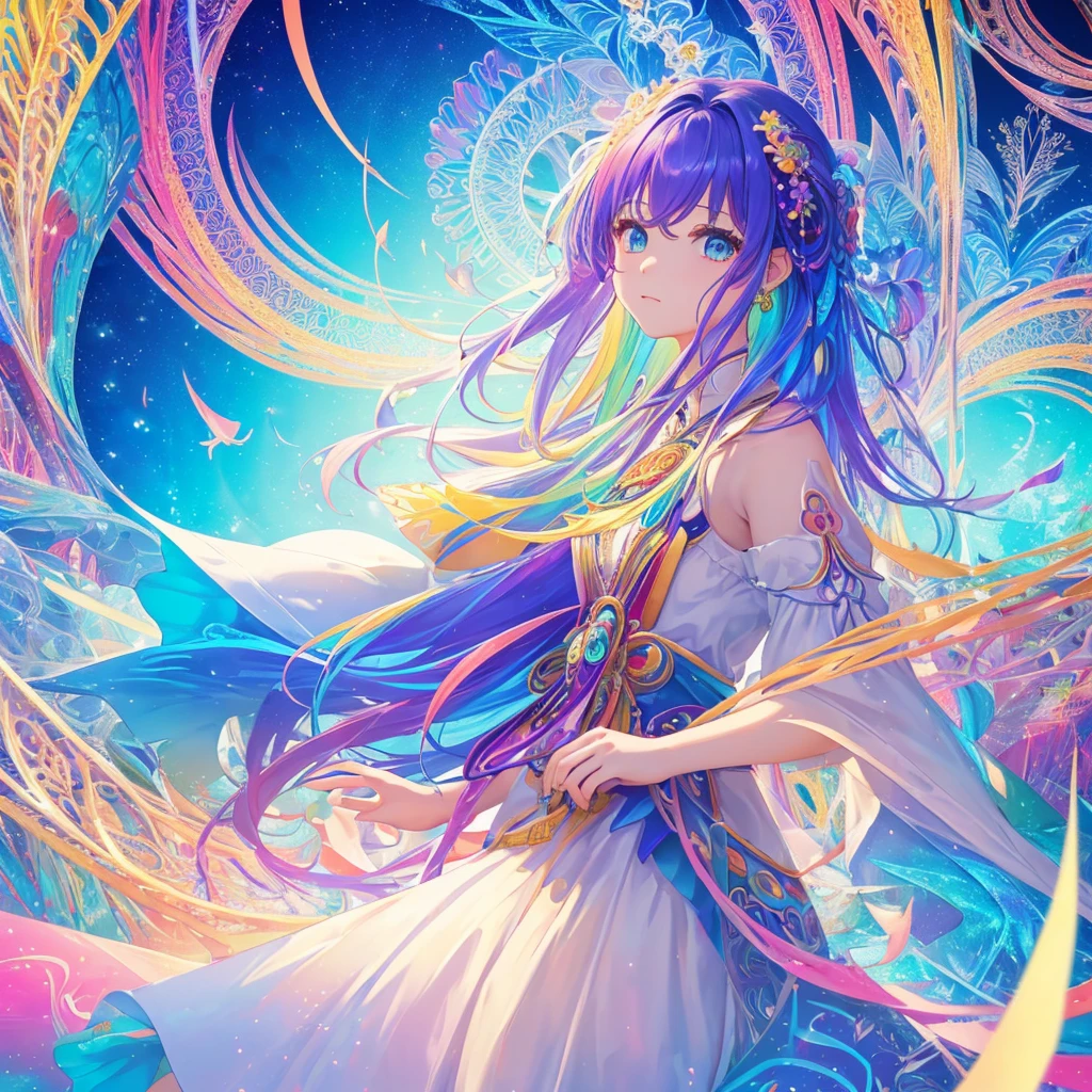 1 beautiful girl、(masterpiece、Highest quality、Highest quality、Beautiful and aesthetic:1.2)、(One Girl:1.3)、(Fractal Art:1.3)、colorful、Rainbow Hair、Clothing for the near future、Round Detail Frame、Fluttering Hair、Futuristic Background、Sparkling eyes