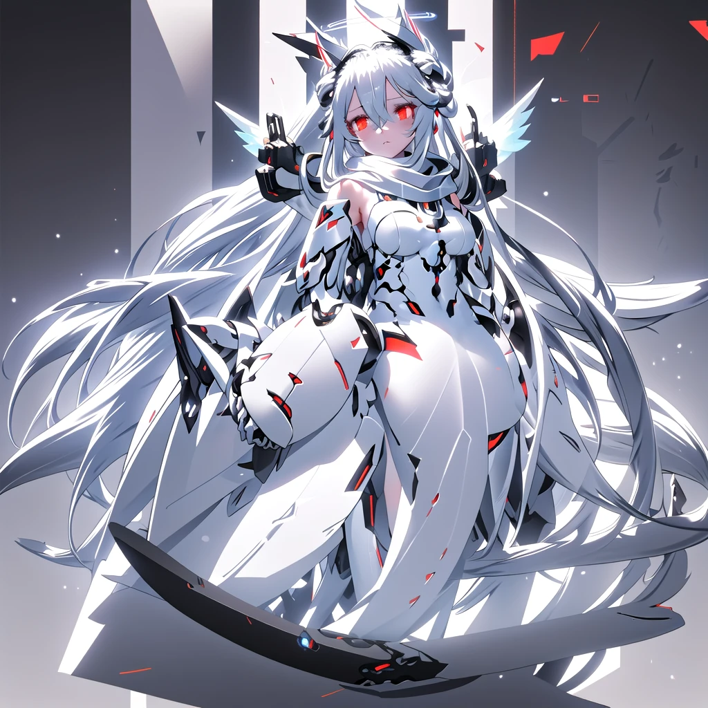 masterpiece, highest quality, highest resolution, clear_image, detailed details, White hair, long hair, cat ears, 1 girl, red eyes, white pantyhose, sci-fi military clothing, white scarf (white scarf around the neckwith a light blue glow), gray futuristic halo (gray halo over the head), white wings (4 wings), cute, fulld body, no water marks, outer space