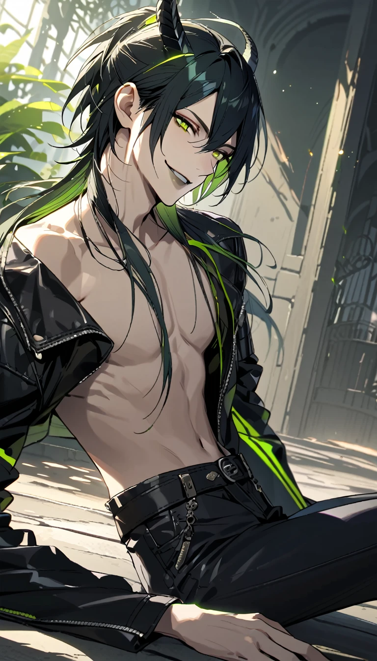 masterpiece, highres, absurdres, illustration, 1boy, sitting on floor, topless, black leather jacket, jeans, dynamic angle, malleus draconia (twisted wonderland) horns, bishounen, boy, male, yana Toboso style, long hair, black hair, yellow green eyes, smile, gray lips, handsome, skinny, tall, yellow green glow,