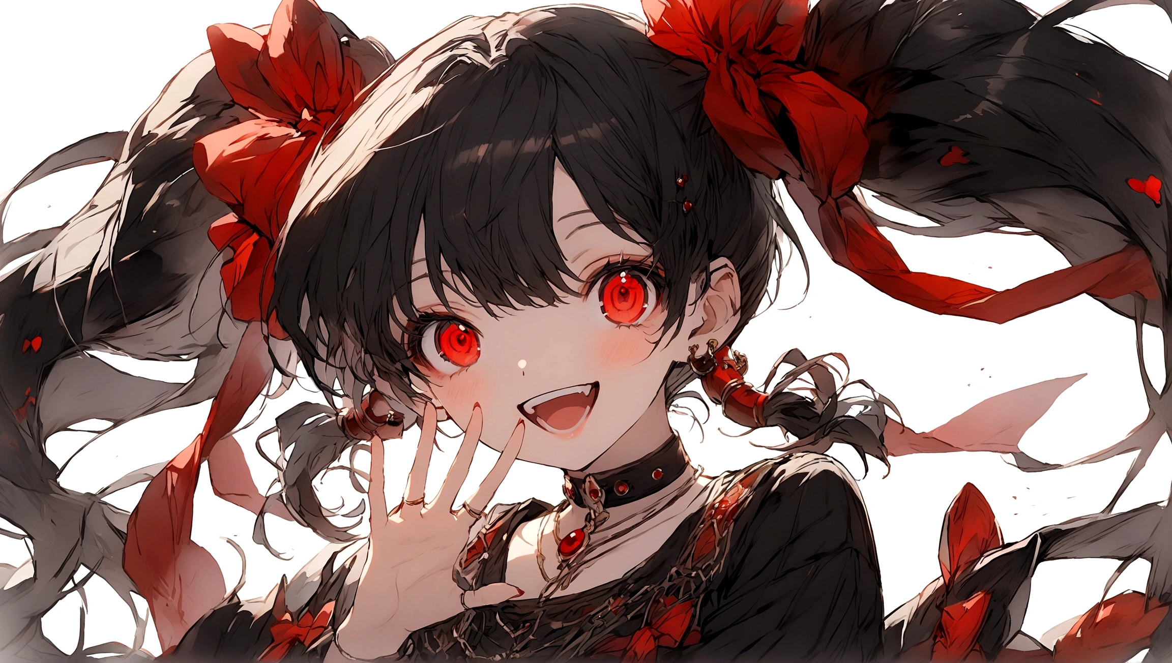 an anime-style character with distinct features. The character has long, black hair tied into twin tails with large red ribbons on each side. The eyes are bright red and highly detailed, adding a captivating effect to the character's expression. She is smiling widely, with one hand covering part of her face, giving a playful and somewhat mischievous appearance. The outfit includes various accessories, such as red rings and a choker, along with decorative elements on the clothing that contribute to an overall intricate and visually striking design.

