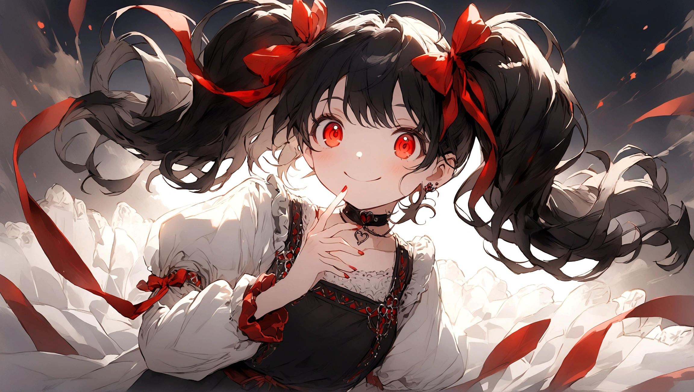 an anime-style character with distinct features. The character has long, black hair tied into twin tails with large red ribbons on each side. The eyes are bright red and highly detailed, adding a captivating effect to the character's expression. She is smiling widely, with one hand covering part of her face, giving a playful and somewhat mischievous appearance. The outfit includes various accessories, such as red rings and a choker, along with decorative elements on the clothing that contribute to an overall intricate and visually striking design.
