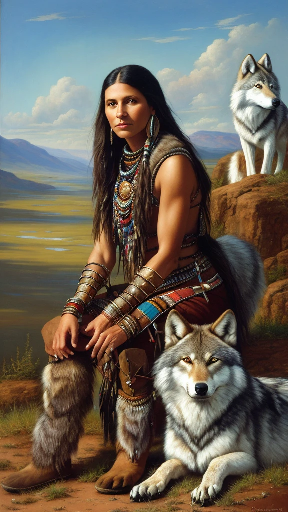 painting of a native woman sitting in front of a wolf, : native american shamen fantasy, wolfgirl, ( art fitzpatrick ), native american art, by Howard Lyon, by Cindy Wright, native american, wolves and their treasures, wolves, by Stan Stokes, 3 0, illustrative, stunning woman, by Eddie Mendoza