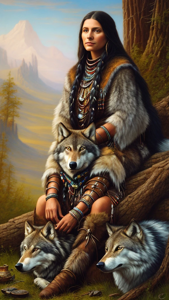 painting of a native woman sitting in front of a wolf, : native american shamen fantasy, wolfgirl, ( art fitzpatrick ), native american art, by Howard Lyon, by Cindy Wright, native american, wolves and their treasures, wolves, by Stan Stokes, 3 0, illustrative, stunning woman, by Eddie Mendoza